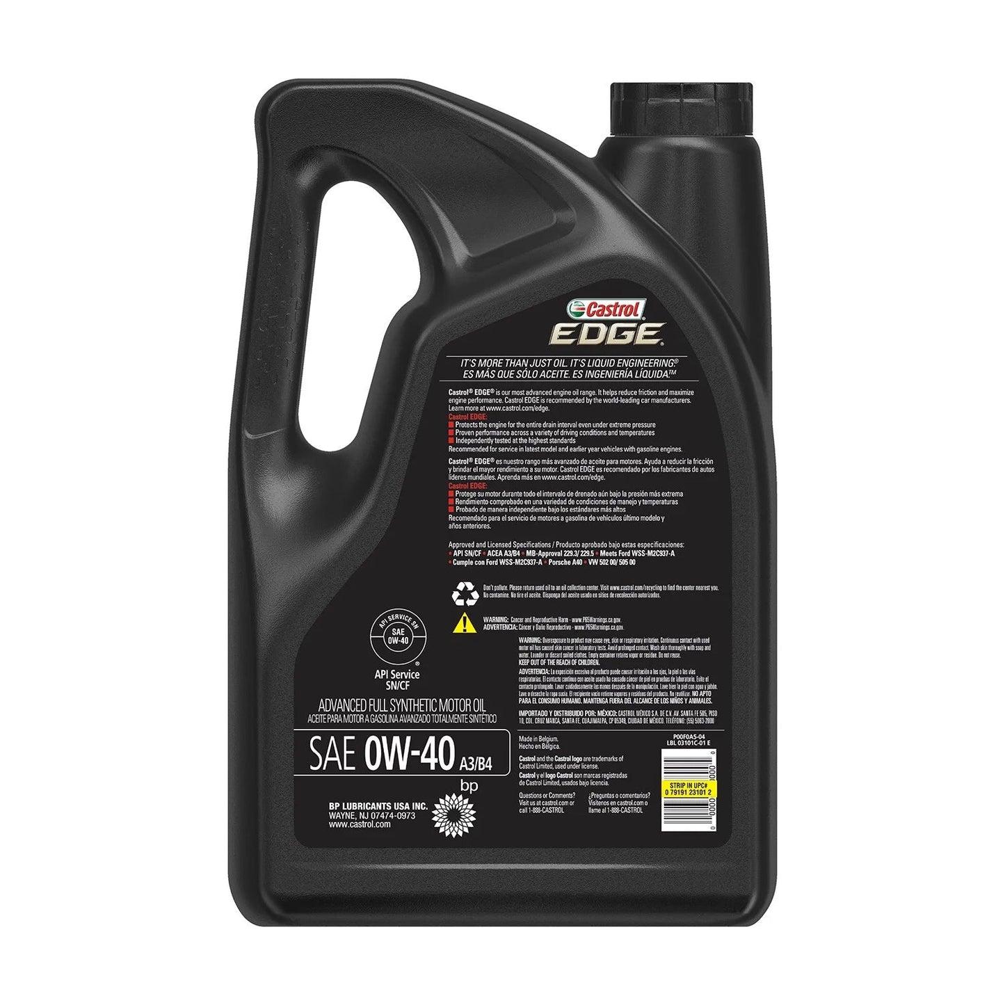 Edge 0W-40 A3/B4 Advanced Full Synthetic Motor Oil, 5 Quarts, Case of 3