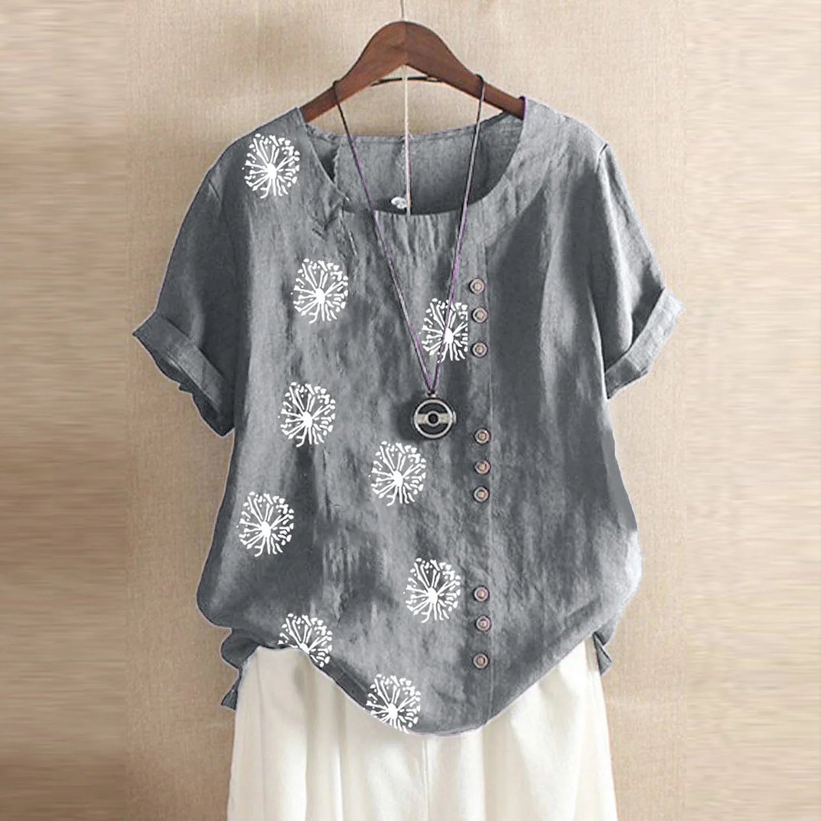 Women'S Dandelion Print Summer Tops Button Shirts Loose Casual round Neck Short Sleeve