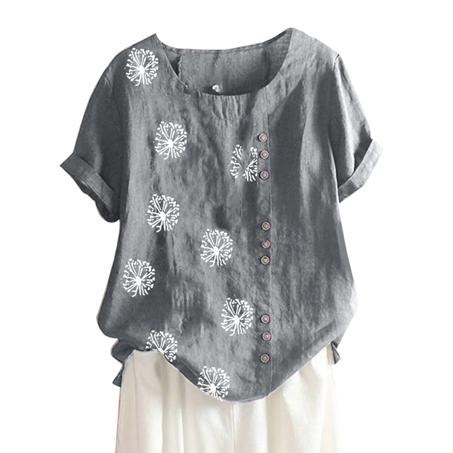 Women'S Dandelion Print Summer Tops Button Shirts Loose Casual round Neck Short Sleeve