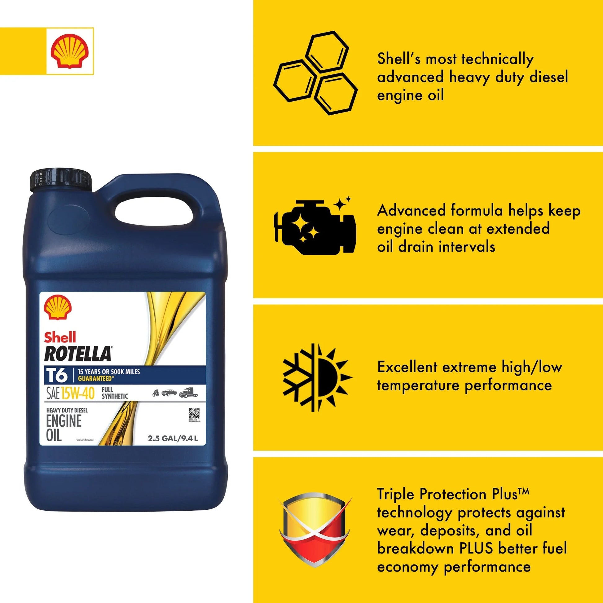 Shell  T6 Full Synthetic 15W-40 Diesel Engine Oil, 2.5 Gallon