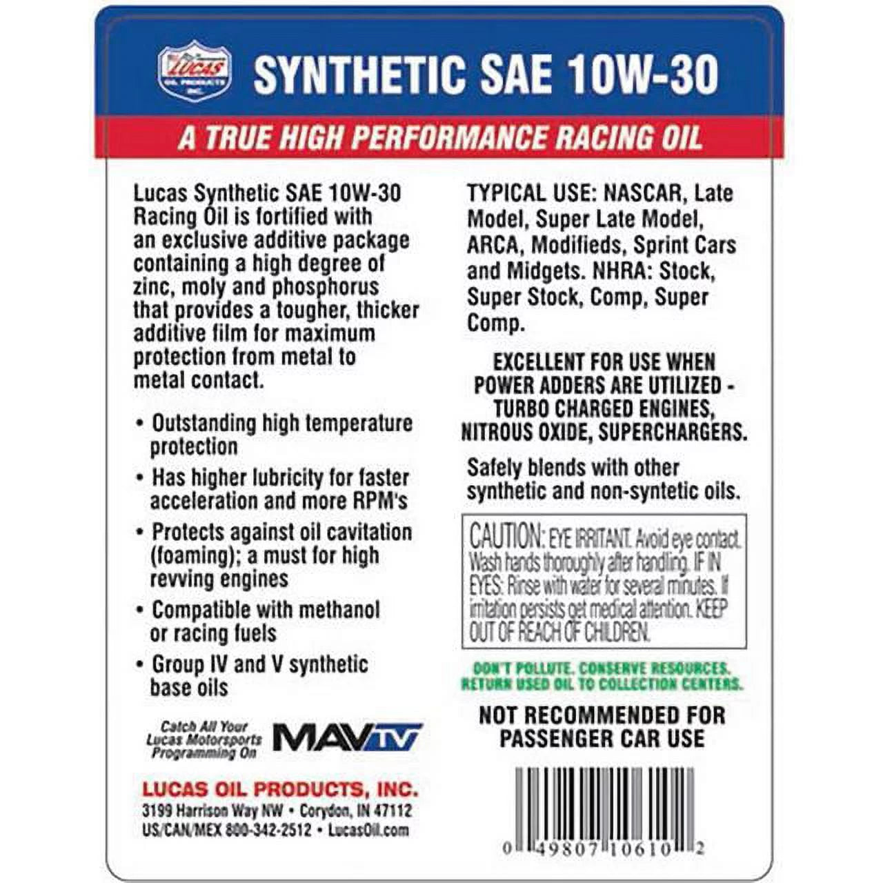 10611 Sae 10W 30 Synthetic Racing Motor Oil 5 Quart