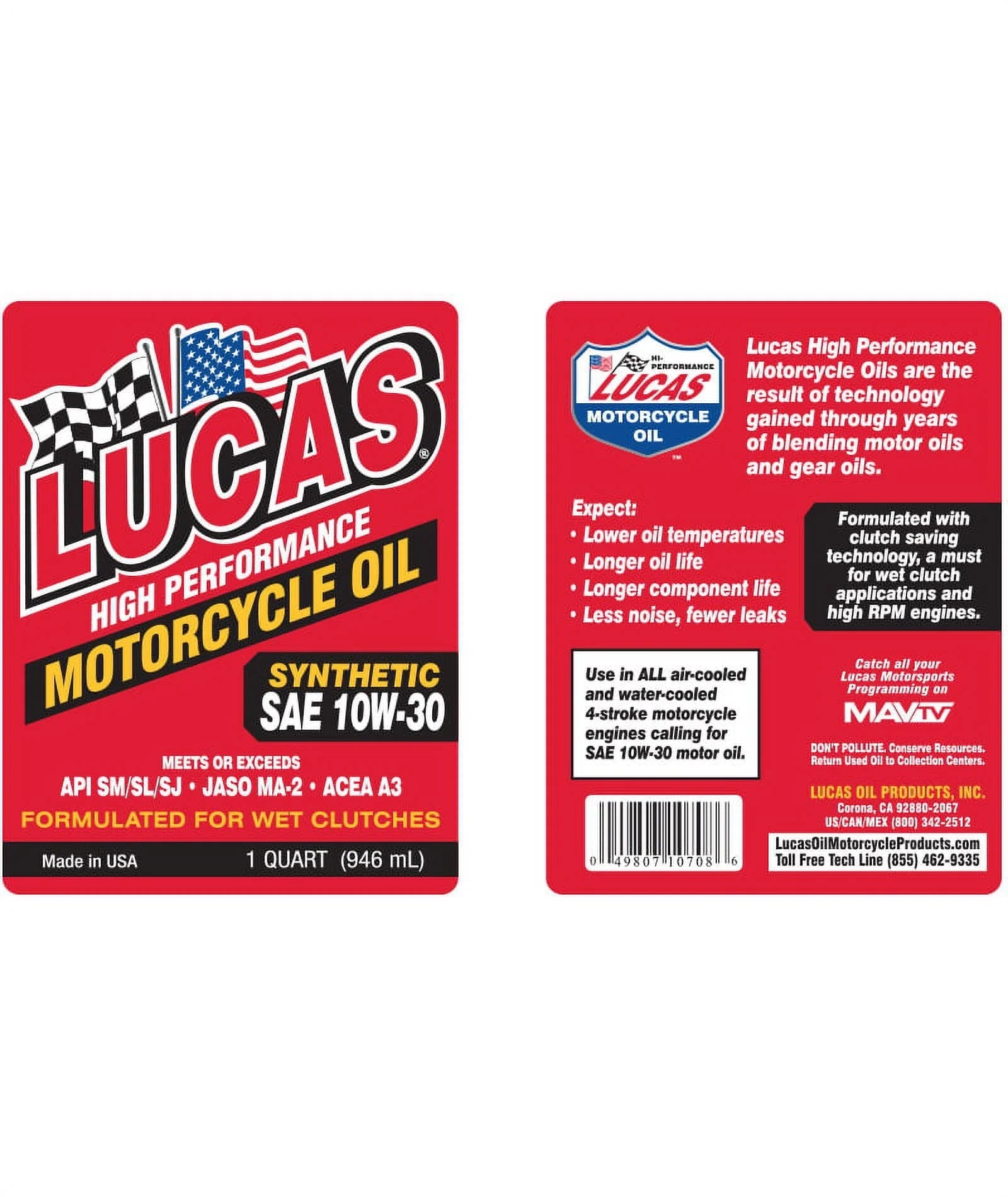 Motorcycle Oil Synthetic 10W-30, 1 Qt